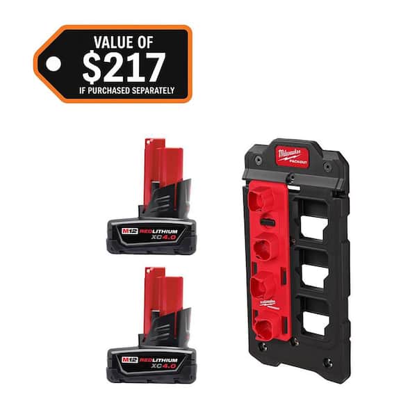 M12 12V Lithium-Ion XC Extended Capacity 4.0 Ah Battery 2-Pack w/PACKOUT Compact Wall Plate & M12 Battery Rack