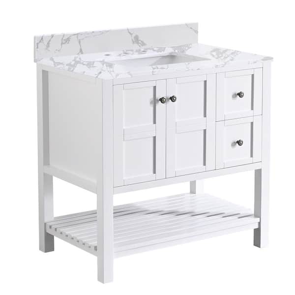 YASINU Seleen 36 in. W x 22 in. D x 39 in. H Freestand Bath Vanity in White With Belly White Culture Marble Top