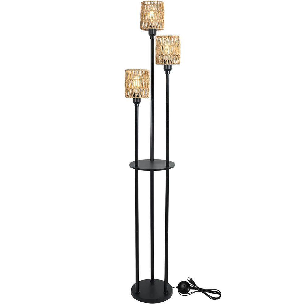 Avex 66.3 in. Brown Plus Black Farmhouse 3-Light Foot Switch Standard Floor Lamp with Rattan Shade and Shelves price history on PriceWatchPro