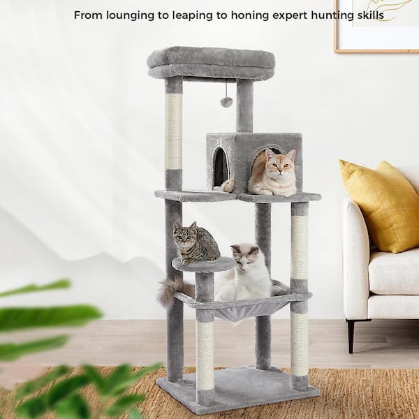 ATENGNES 56.3 in. Grey Plush Sisal Scratcher with 2 Door Condo House Cat Tree AMT0110GY LF