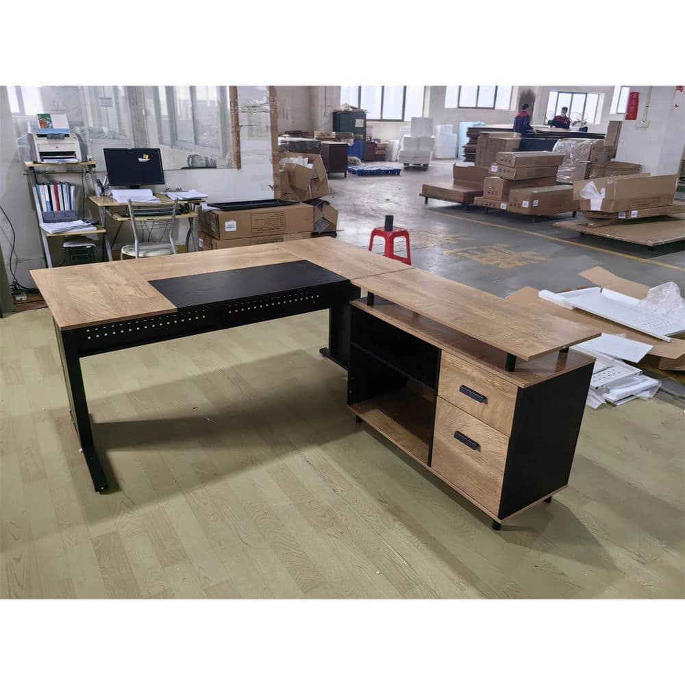 Halseey 63 in. L Shaped Light Brown Wood 2-Drawer Computer Desk for Home Office, Modern Executive Desk with File Cabinet