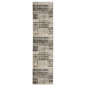 Grey Charcoal Ivory Tan Brown and Beige 2 ft. x 8 ft. Geometric Power Loom Stain Resistant Runner Rug