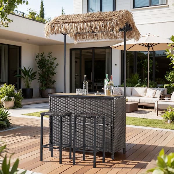 Brown Wicker 3-Piece Patio Bar Set Stackable Outdoor Bar Stool with Storage Shelf for Patio Lounge