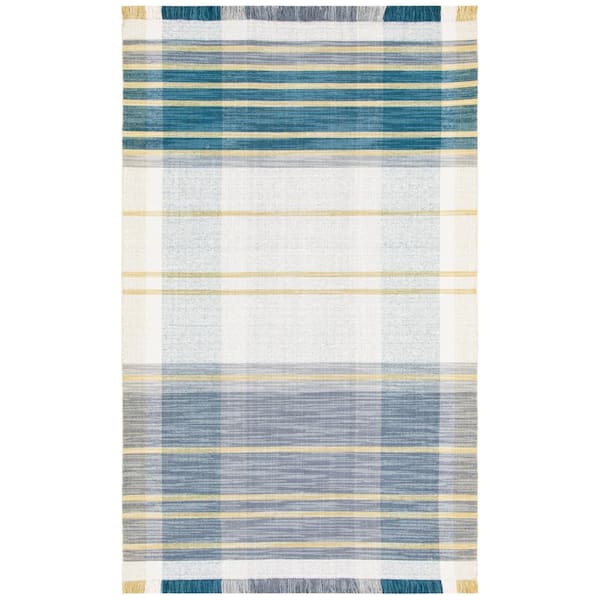 SAFAVIEH Striped Kilim Beige Teal Doormat 3 ft. x 5 ft. Plaid Striped Area Rug
