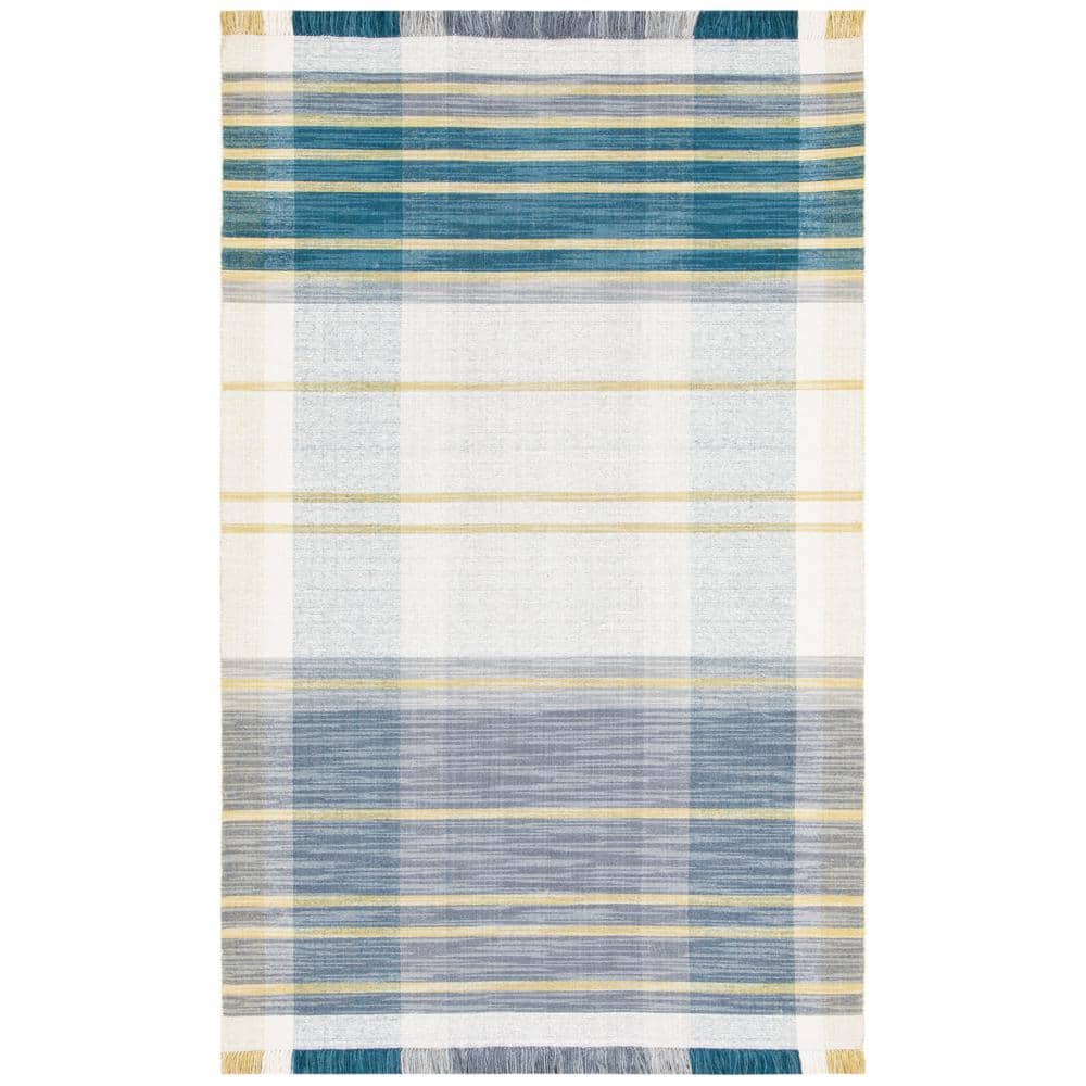 Handmade Black and Teal Striped Wool 4' x 6' Area Rug
