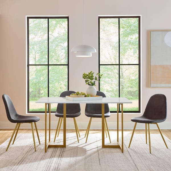 Mendon 55 in. Modern Rectangular Dining Table with Faux Marble Top and Gold Sled Metal Legs, Seats 6