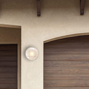 Aria 8 in. 1-Light White Round Bulkhead Outdoor Wall Light Fixture with Frosted Glass