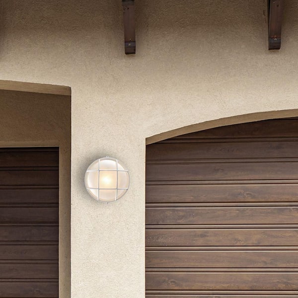 Aria 8 in. 1-Light White Round Bulkhead Outdoor Wall Light Fixture with Frosted Glass