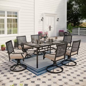 7-Piece Black Metal Outdoor Dining Set with Swivel Rockers with Beige Cushions