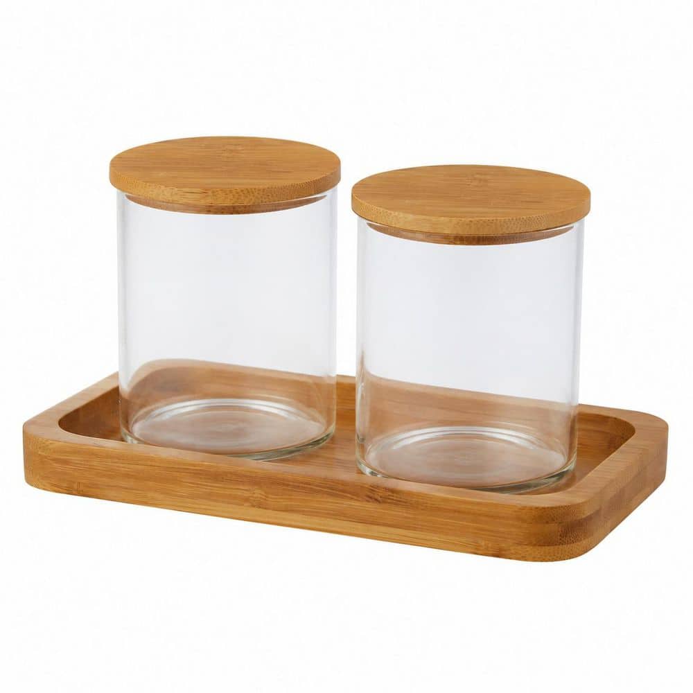 2-Piece Glass Bathroom Accessory Set Qtip Holder with Vanity Tray with Bamboo Lids and Tray in Glass-Tray Finish price history on PriceWatchPro