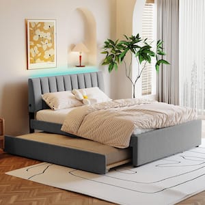 Gray Wood Frame Teddy Fleece Queen Size Upholstered Platform Bed with Trundle and LED Lights