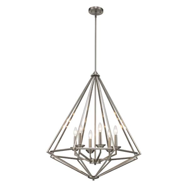 Home Decorators Collection Hubley 6-Light Triangular Brushed Nickel Pendant Light Fixture with Metal Cage Shade