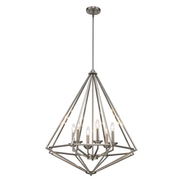 Hubley 6-Light Triangular Brushed Nickel Pendant Light Fixture with Metal Cage Shade