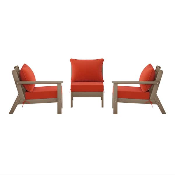 Birchwood Weathered Wood Arrangeable Outdoor Patio 3-Piece Deep Seating HDPE Sofa Arm Chair Set w/ Orange Cushions