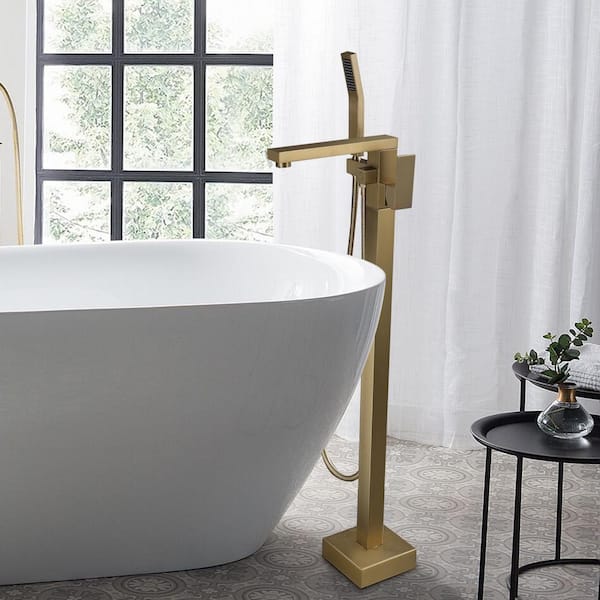 Free Standing Tub Faucets with Shower in Brushed Gold, Single Handle Tub Fillers, Floor Mounted, 2.5 GPM
