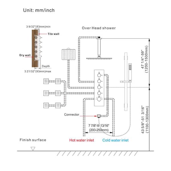 YAWWALK Thermostatic Valve 15-Spray 16 and 6 in. Ceiling 