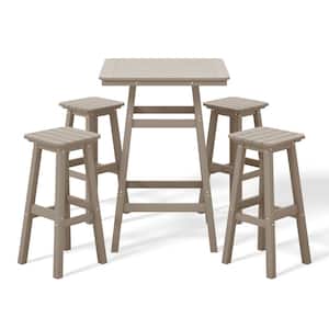 Laguna 5-Piece Fade Resistant HDPE Plastic Outdoor Patio Square Bar Height Pub Set, Matching Barstools in Weathered Wood
