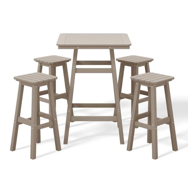 WESTIN OUTDOOR Laguna 5-Piece Fade Resistant HDPE Plastic Outdoor Patio Square Bar Height Pub Set, Matching Barstools in Weathered Wood