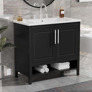 36 in. W x 18.3 in. D x 33.3 in. H Freestanding Bath Vanity in Black with White Ceramic Sink Top, Doors and Drawers