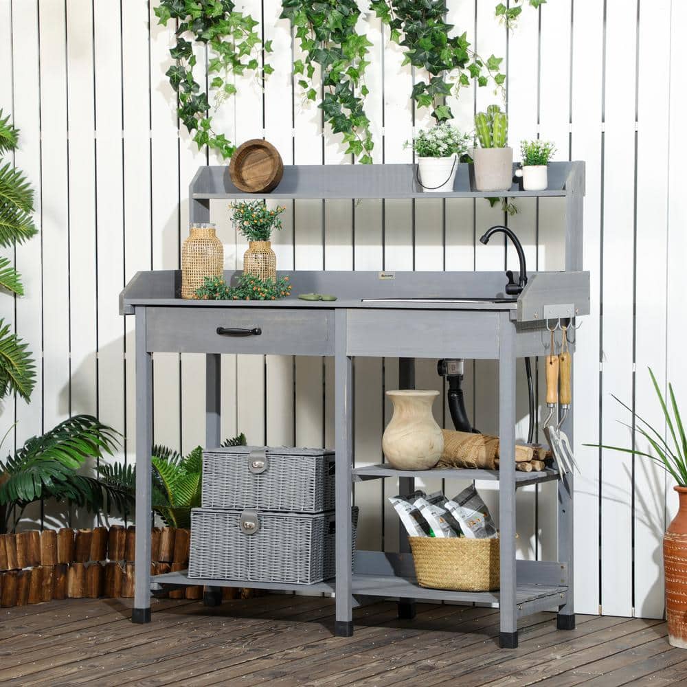 Gray Wooden Potting Bench Table with Sink and Shelves