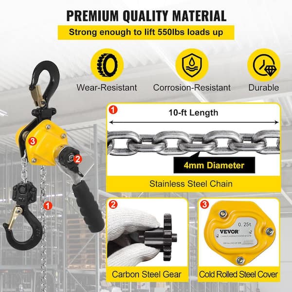 VEVOR Manual Lever Chain Hoist, 1/2 Ton 1100 lbs Capacity 10 ft Come Along, G80 Galvanized Carbon Steel with Weston Double-Pawl