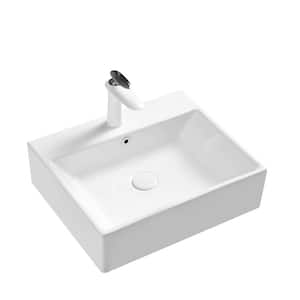 Rectangular 20 in. Modern Basin Ceramic Bathroom Vessel Sink in White with Pop-Up Drain with Overflow