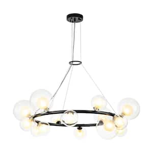 Colton 14-Light Black Dimmable Wagon Wheel Chandelier with Glass Globe Bubble