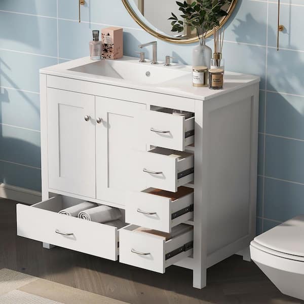 36 in. Single Sink Freestanding White Bath Vanity with White Ceramic Top, 5 Drawers and 2 Soft-Close Doors