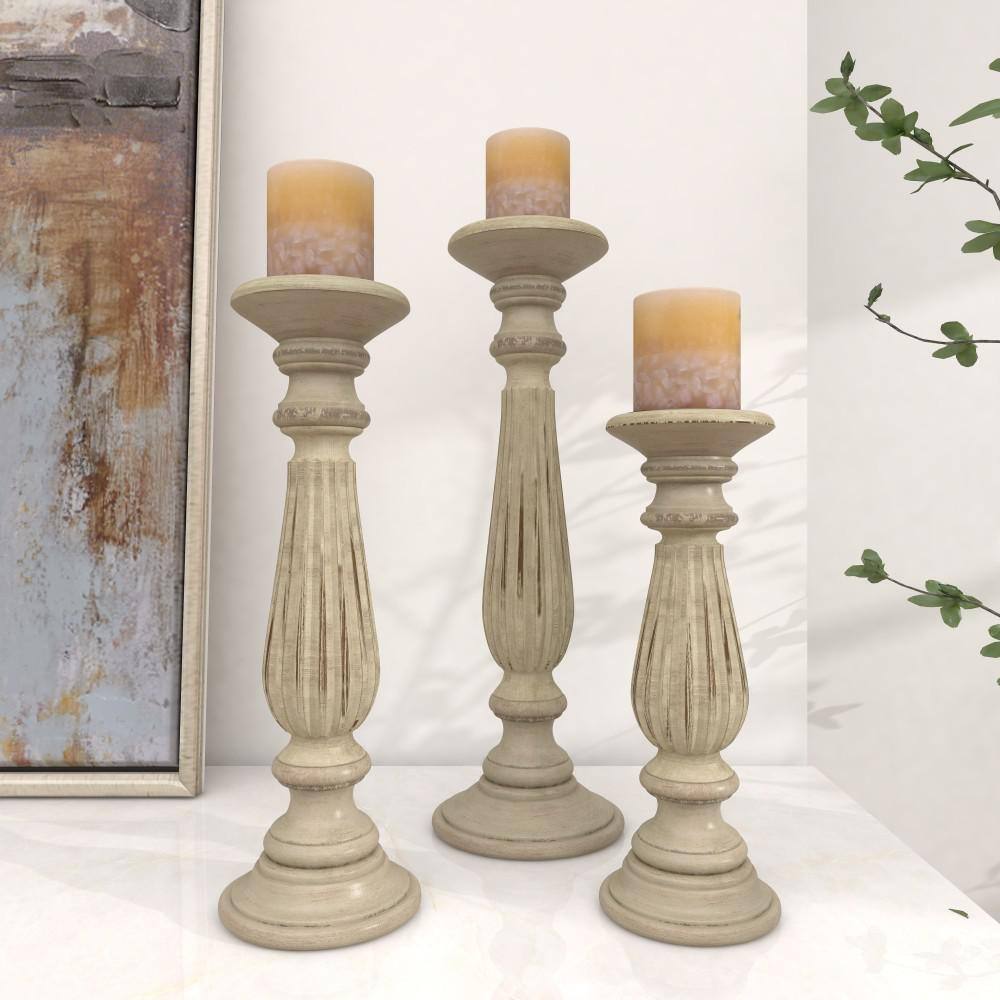 Elegant Mango Wood Teardrop Pillar Candlestick Trio, 18" Brown