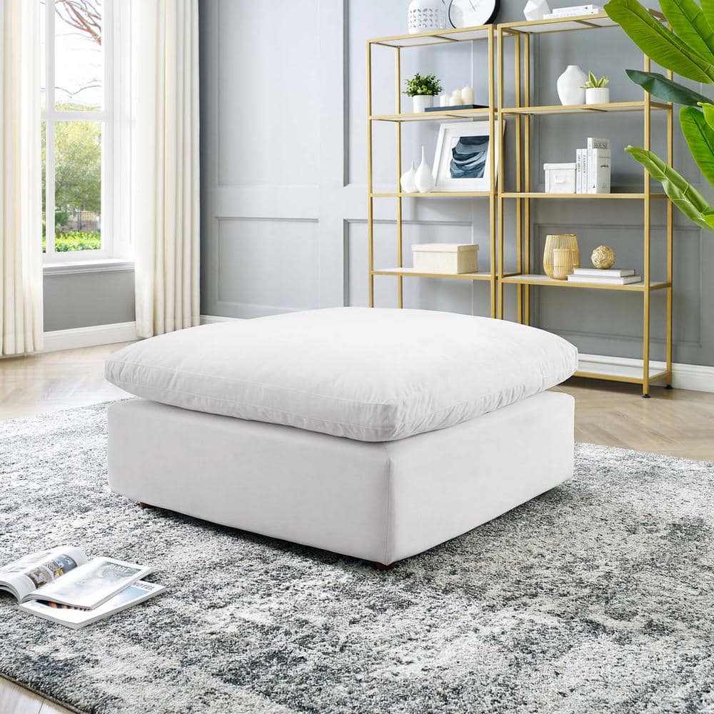 White Velvet Overstuffed Ottoman with Down Filled Cushions