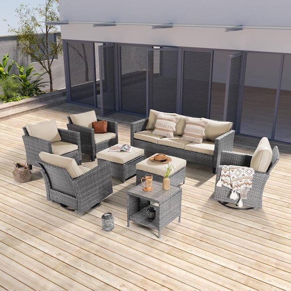 JOYESERY 8-Piece Patio Outdoor Grey Wicker Conversation Seating Set Thickening Linen Flax Beige Cushions With Swiveling Rocker