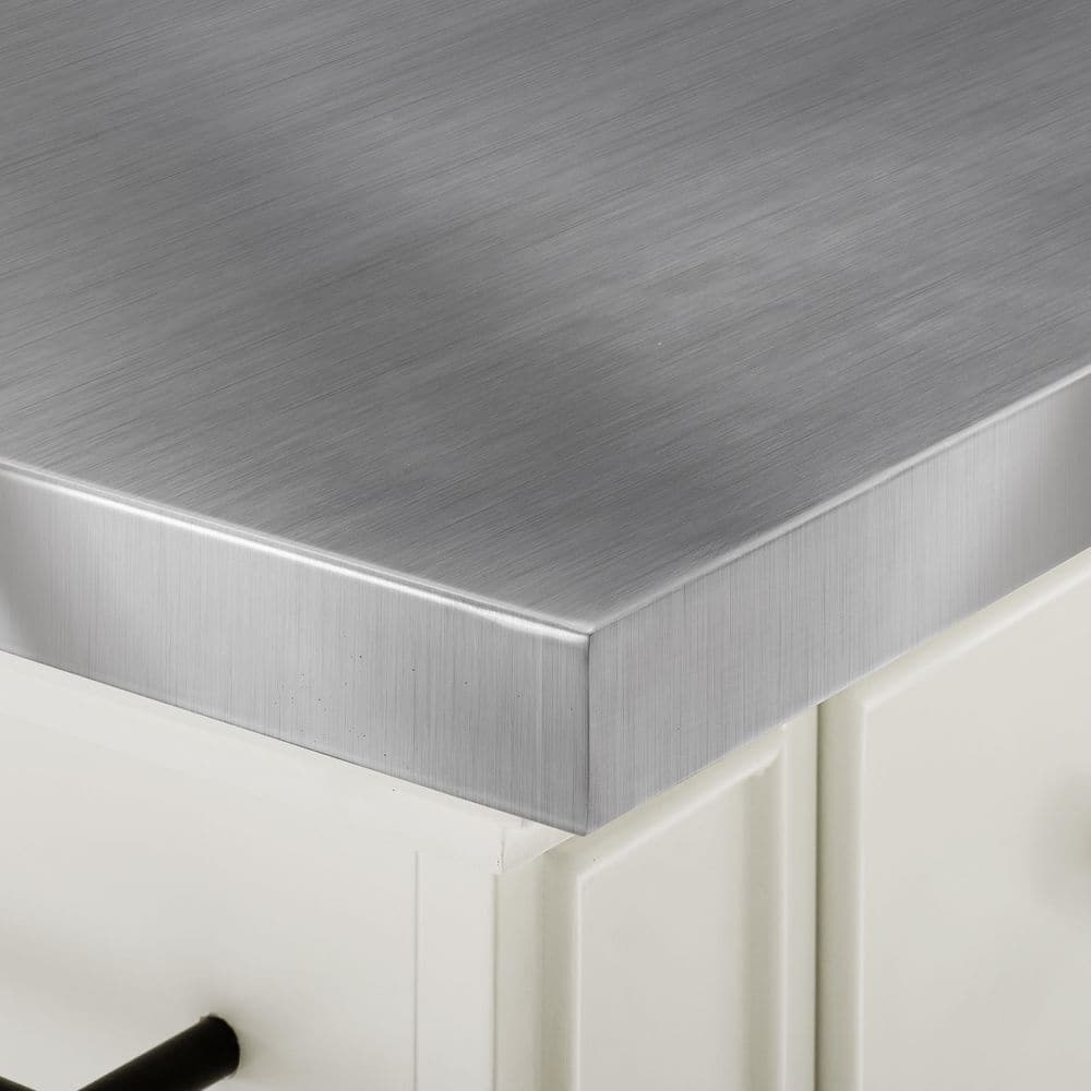 Julia White Stainless Steel Top Kitchen Island with Saddle Stools