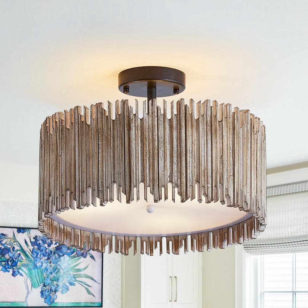 15.5 in. 3-Light Black Farmhouse Semi-Flush Mount With Wood Shade price history on PriceWatchPro