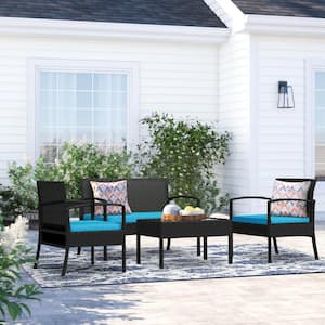 Nice 4-Piece Black Wicker Patio Conversation Set Rattan Outdoor Seating Group with Blue Cushions