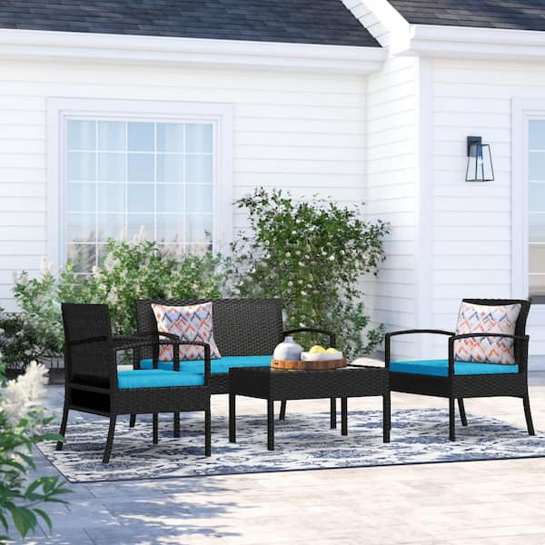 THY-HOM Nice 4-Piece Black Wicker Patio Conversation Set Rattan Outdoor Seating Group with Blue Cushions