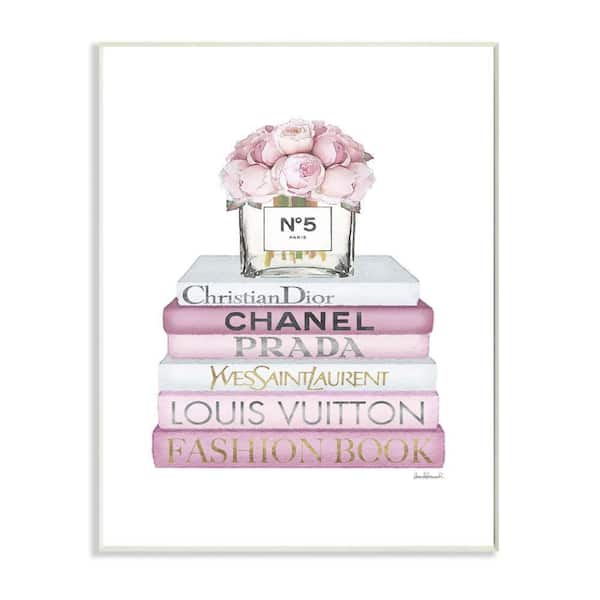 "Fashion Designer Flower Bookstack Pink White Watercolor "by Amanda Greenwood Wood Abstract Wall Art 19 in. x 13 in.