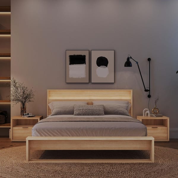 Gael 4 Piece Natural Blonde Oak Wood Composite Queen Size Bedroom Set with Headboard with Integrated Light