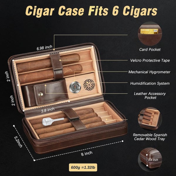 Angel Sar Portable Dark Brown Leather Cedar Wood Cigar Case(Includes Cigar  Cutter, Cigar Holder 3 in 1 and Lighter) UE17AM03