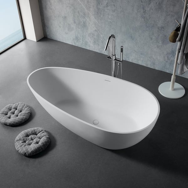 EAKYHOM 59 in. x 31 in. Solid Surface Stone Resin Flatbottom Freestanding Bathtub Soaking Bathtub in Matte White