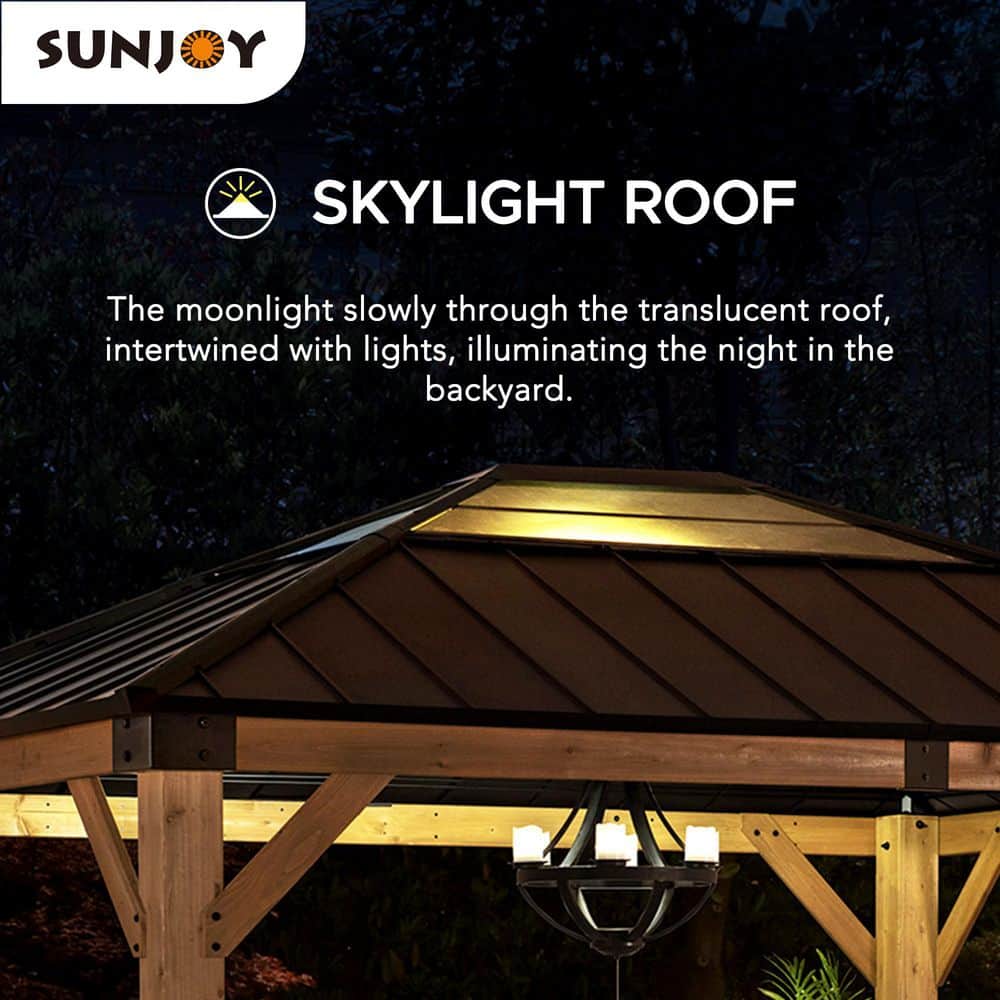 Sunjoy 11 x 11 ft. Cedar Framed Gazebo with Brown Steel and Polycarbonate Roof