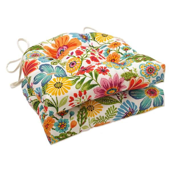 Pillow Perfect Floral 16 x 15.5 Outdoor Dining Chair Cushion in Blue/Purple/Green (Set of 2)