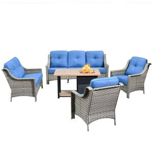 Verona Grey 5-Piece Wicker Outdoor Patio Conversation Sofa Loveseat Set with a Storage Fire Pit and Sky Blue Cushions
