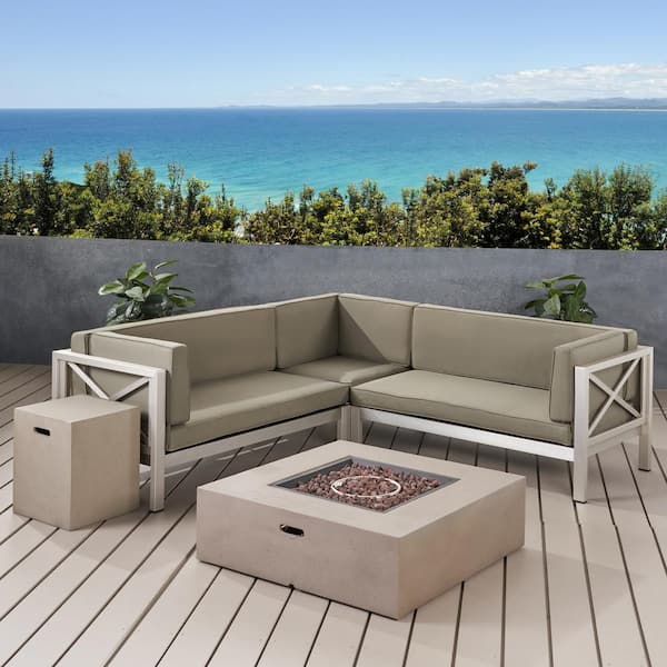 Noble House La Vista Silver 5-Piece Aluminum Outdoor Patio Fire Pit Sectional Seating Set with Khaki Cushions