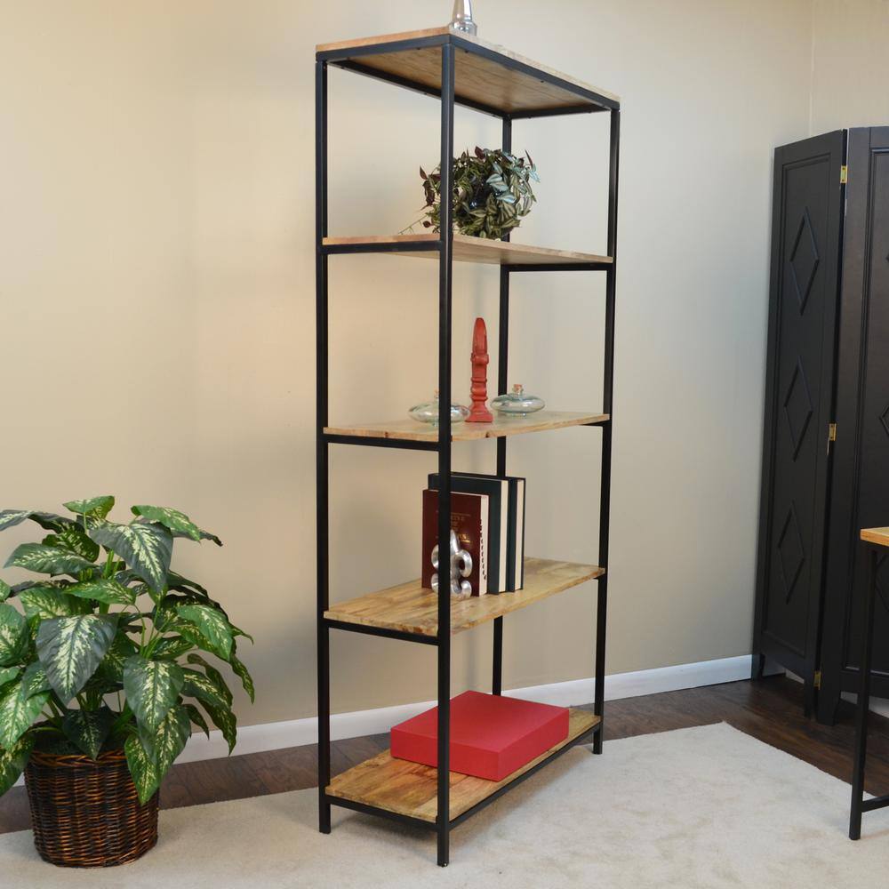 72" Natural Mango Wood and Black Metal Tall Bookcase