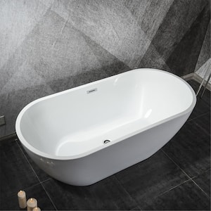 60 in. Acrylic Flatbottom Oval Freestanding Soaking Tub Non-Whirlpool Double-Slipper Bathtub in Gloss White