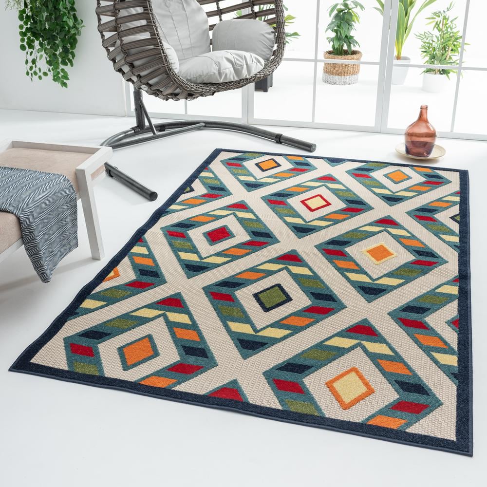 Reversible Rectangular Blue Geometric Easy-Care Area Rug