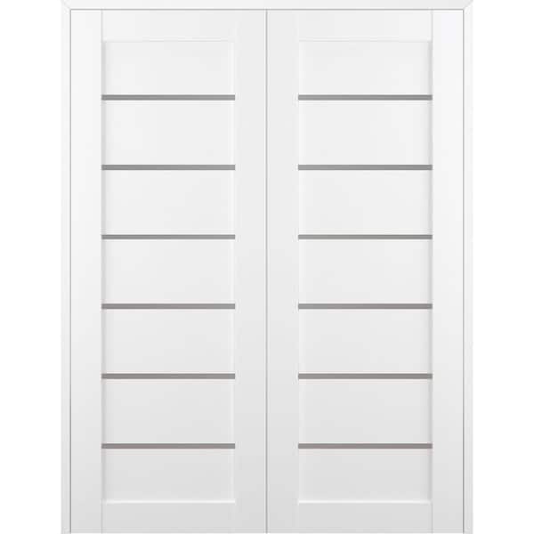Alba 36 in. x 95.25 in. Both Active 7-Lite Frosted Glass Bianco Noble Finished Wood Composite Double Prehung French Door