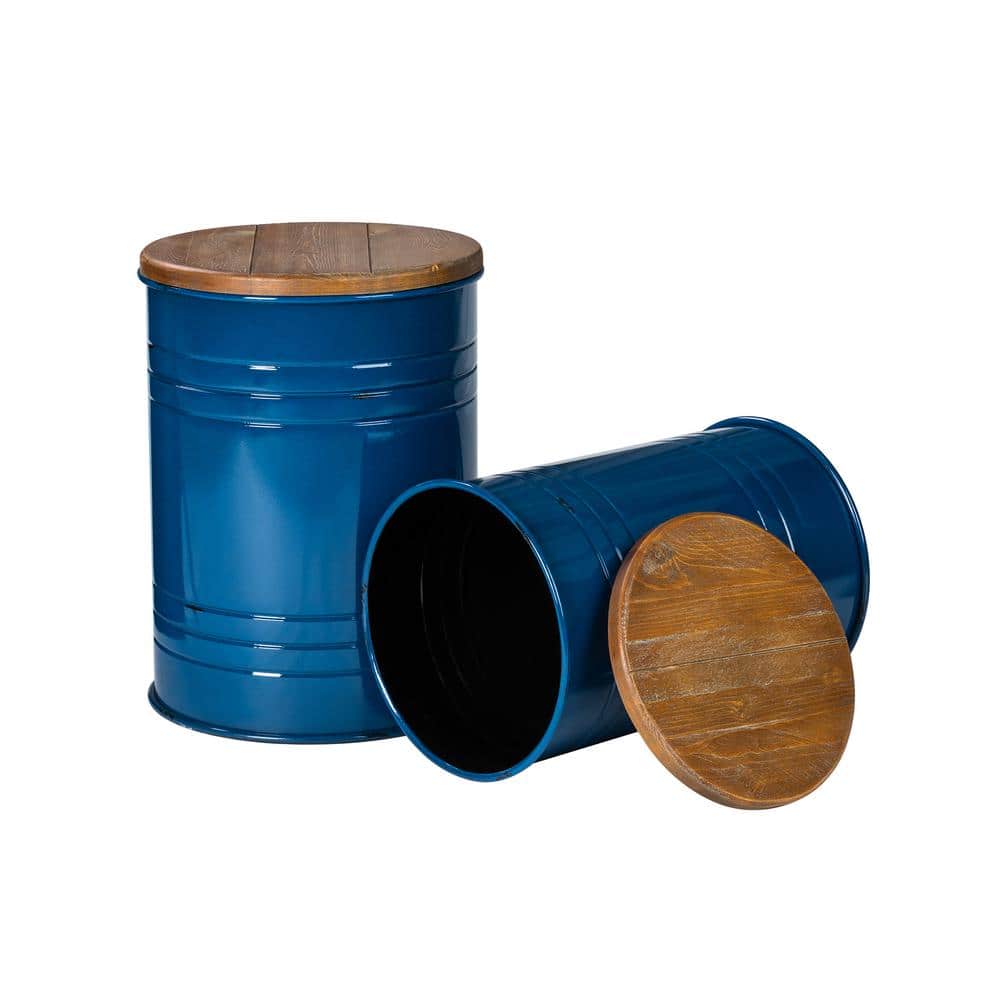 Hunter Green Round Metal & Wood Storage Accent Table Set