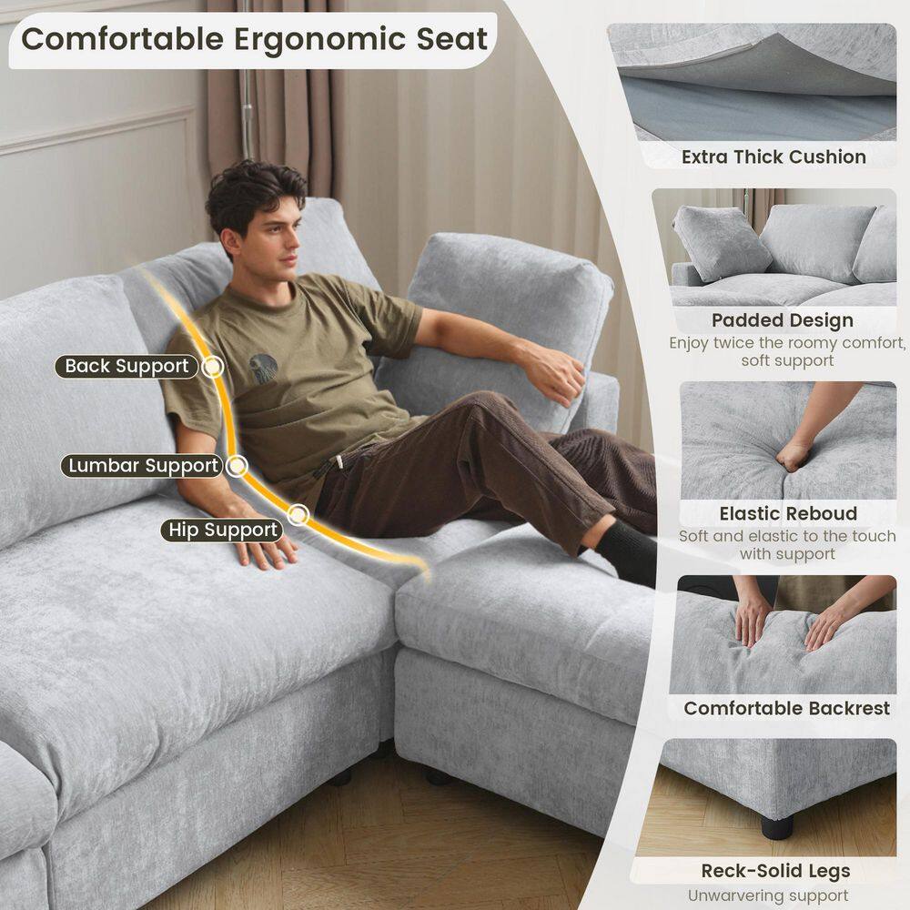 Infographic showing ergonomic support features of a gray sectional sofa.