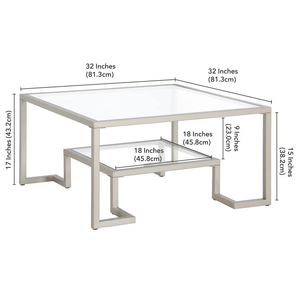 Athena 32" Satin Nickel Square Metal Coffee Table with Glass Shelves
